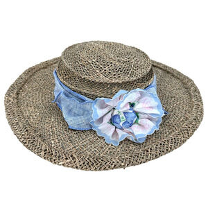 The Hat Junkie Romantic Straw sun Hat Seagrass Organic Cotton Hemp Trim handmade